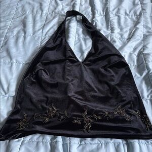 Black Halter Top with Floral Embroidery